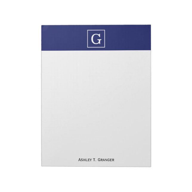 Navy Blue White Framed Initial Monogram Notepad (Rotated)