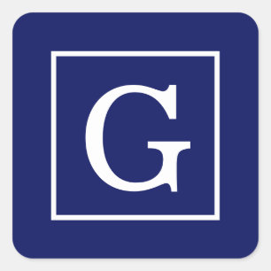 Navy Blue White Framed Initial Monogram Square Sticker