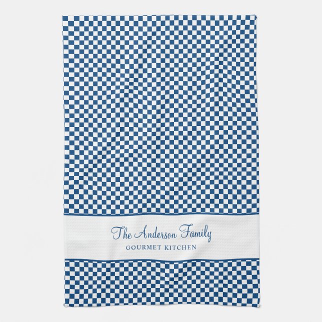 Navy Blue White French Plaid Check Country Gourmet Tea Towel (Vertical)