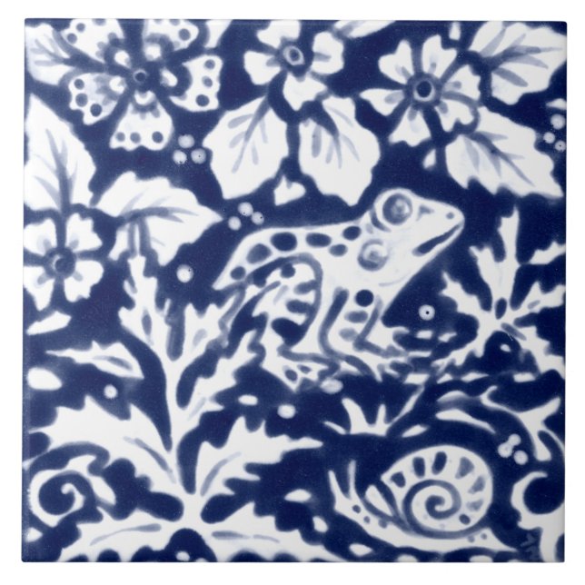 Navy Blue White Frog Snail Fern Leaf Cobalt  Tile (Front)