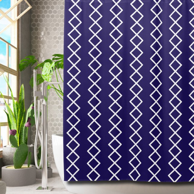 Navy Blue White Geometric Shower Curtain (Creator Uploaded)