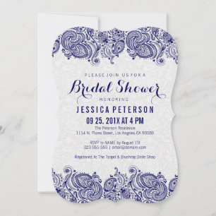 Navy Blue & White Girly Paisley Lace Invitation