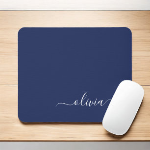 Navy Blue White Girly Script Monogram Name Modern Mouse Mat