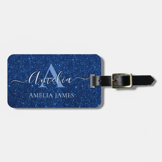 Navy blue white glitter monogram name luggage tag (Front Horizontal)