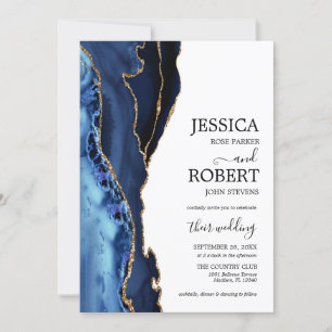 Navy Blue White Gold Agate Wedding Invitation