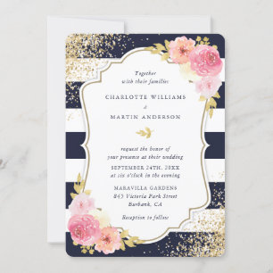 Navy Blue White Gold Blush Pink Floral Wedding Invitation