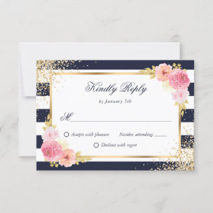 Navy Blue White Gold Blush Pink Floral Wedding RSVP Card