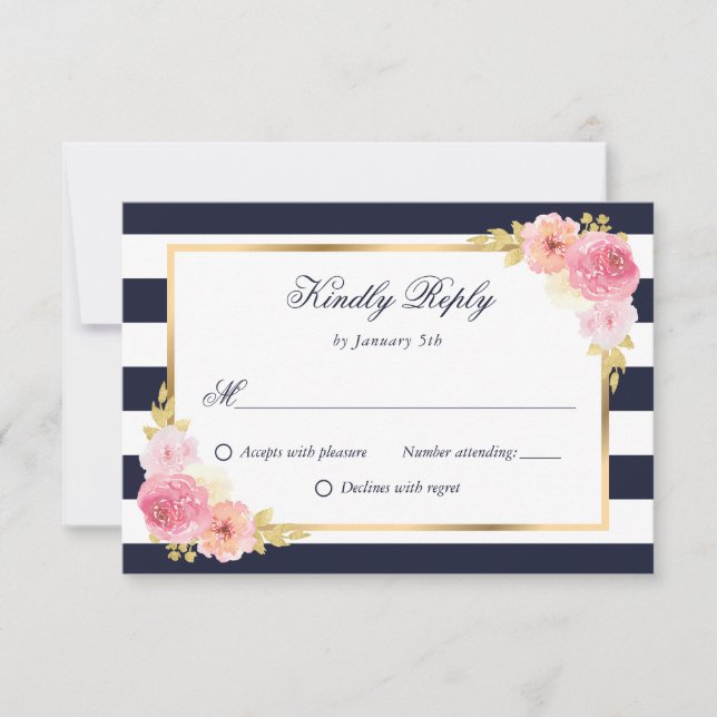 Navy Blue White Gold Blush Pink Floral Wedding RSVP Card (Front)