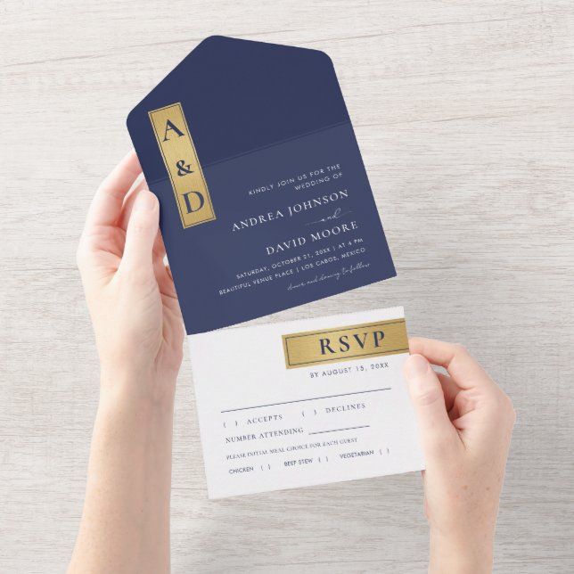 Navy Blue White Gold Colour Blocks Monogram Weddin All In One Invitation (Tearaway)