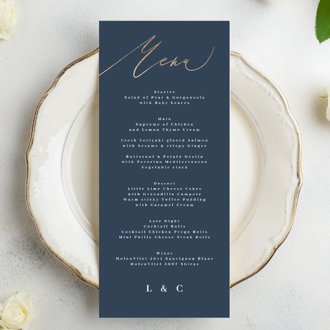Navy Blue White Gold Elegant Classic Wedding Menu (Creator Uploaded)