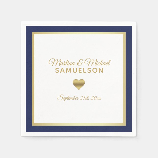 Navy Blue White Gold Heart Frame Wedding Napkin (Front)