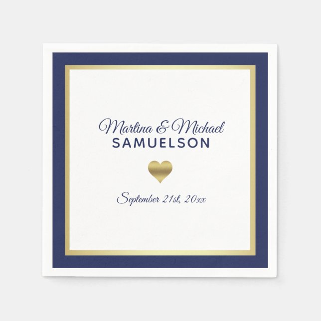 Navy Blue White Gold Heart Frame Wedding Napkin (Front)