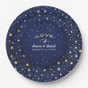 Navy Blue White & Gold LOVE Moon & Stars Wedding Paper Plate