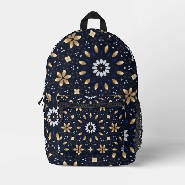 Navy Blue, White & Gold Mandala Dot Art Design Printed Backpack (Front)