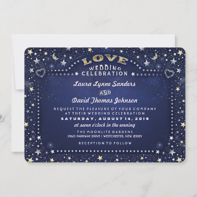 Navy Blue White & Gold Moon & Stars Love Wedding Invitation (Front)