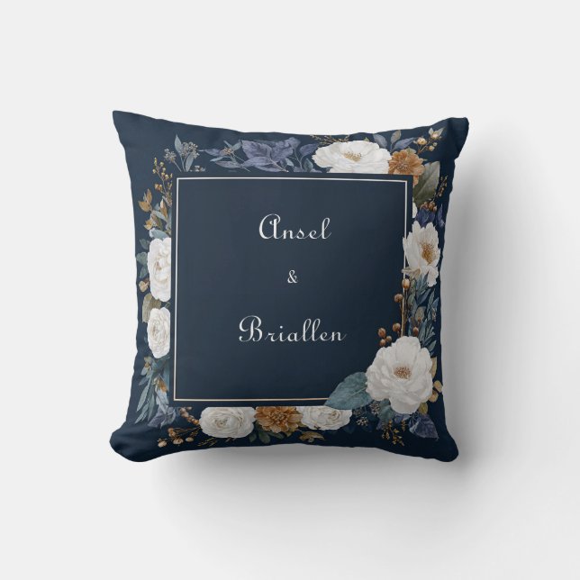 Navy Blue White Gold Peony Floral Square Frame Cushion (Front)