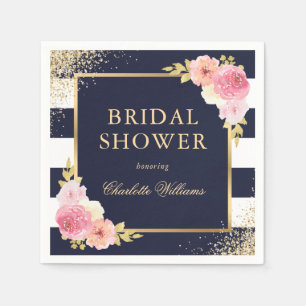Navy Blue White Gold Pink Floral Bridal Shower Napkin