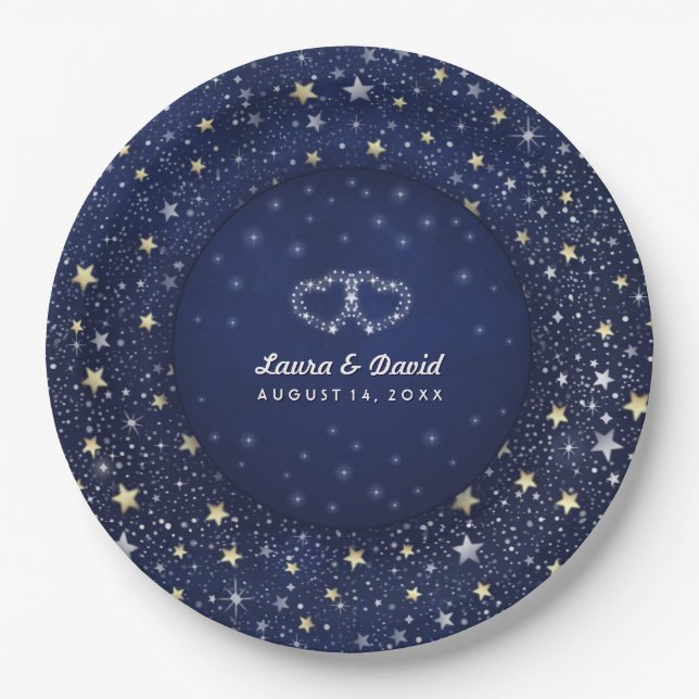 Navy Blue White & Gold Stars Hearts Wedding Plates (Front)