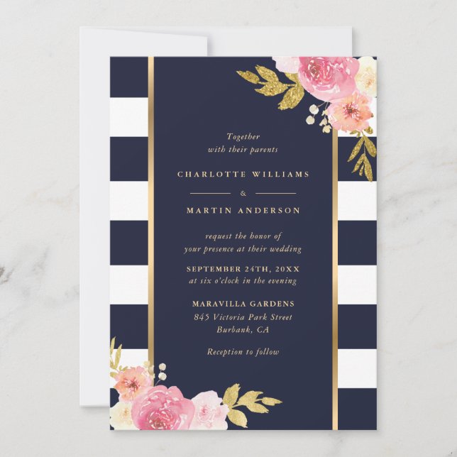Navy Blue White Gold Striped Pink Floral Wedding Invitation (Front)