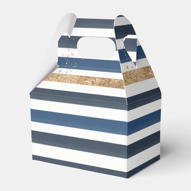 Navy Blue White Gold Stripes Birthday Baby Shower  Favour Box (Front Side)