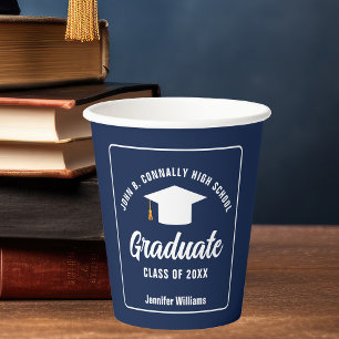 Navy Blue White Graduate Custom Graduation Party Paper Cups