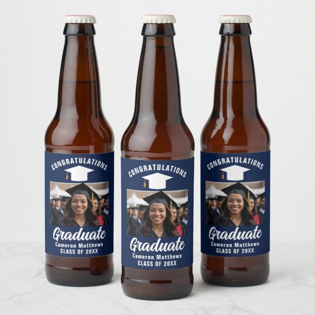 Navy Blue White Graduate Photo Graduation Party Beer Bottle Label (Bottles)