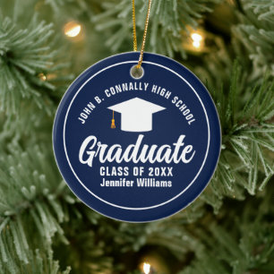 Navy Blue White Graduation Custom Graduate Photo Ceramic Tree Decoration