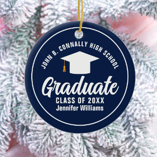 Navy Blue White Graduation Custom Graduate Photo Ceramic Tree Decoration