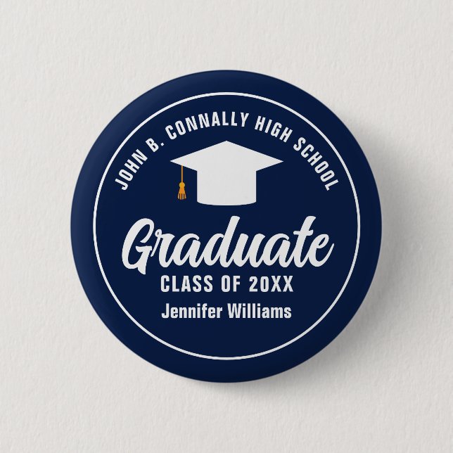 Navy Blue White Graduation Party Personalised 6 Cm Round Badge (Front)