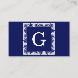 Navy Blue White Greek Key #1 Framed Monogram Business Card