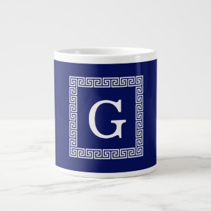 Navy Blue White Greek Key #1 Framed Monogram Large Coffee Mug