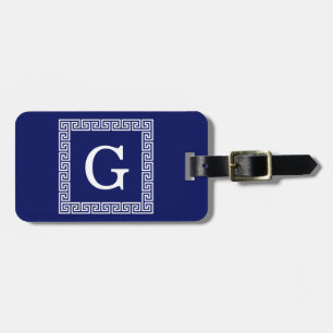 Navy Blue White Greek Key #1 Framed Monogram Luggage Tag