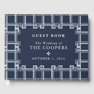 Navy Blue White Greek Key Family Name Wedding Guest Book