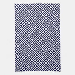 Navy Blue & White Greek Key Pattern Tea Towel