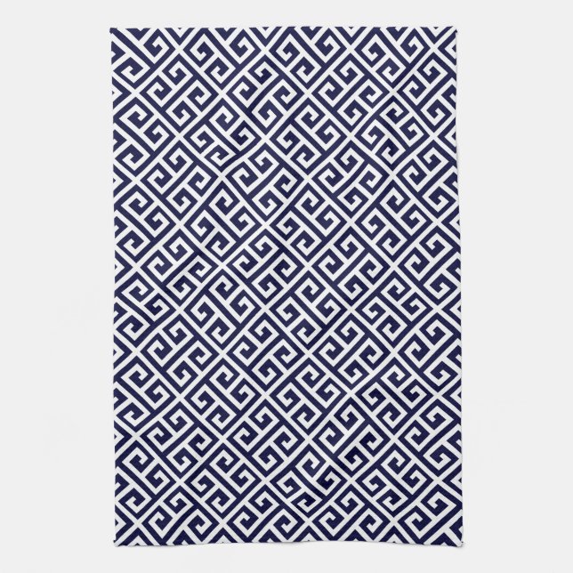 Navy Blue & White Greek Key Pattern Tea Towel (Vertical)