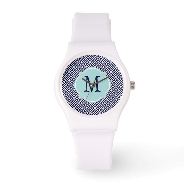 Navy Blue & White Greek Key Pattern Watch (Front)