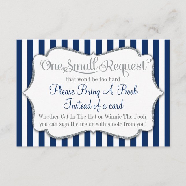 Navy Blue White Grey Baby Shower Bring A Book Card (Front)
