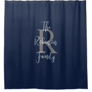 Navy Blue White Grey Family Name Monogrammed  Shower Curtain