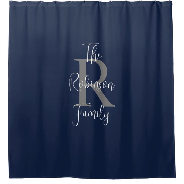 Navy Blue White Grey Family Name Monogrammed  Shower Curtain (Front)