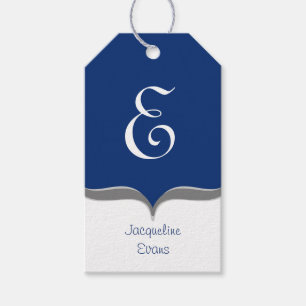 Navy Blue White Grey Monogram Name Gift Tags