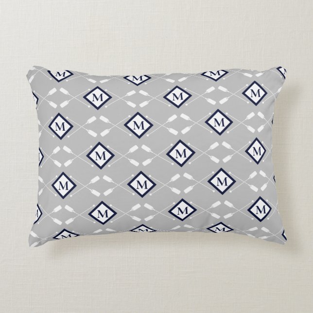 Navy Blue White Grey Monogram Paddle Pattern Decorative Cushion (Front)