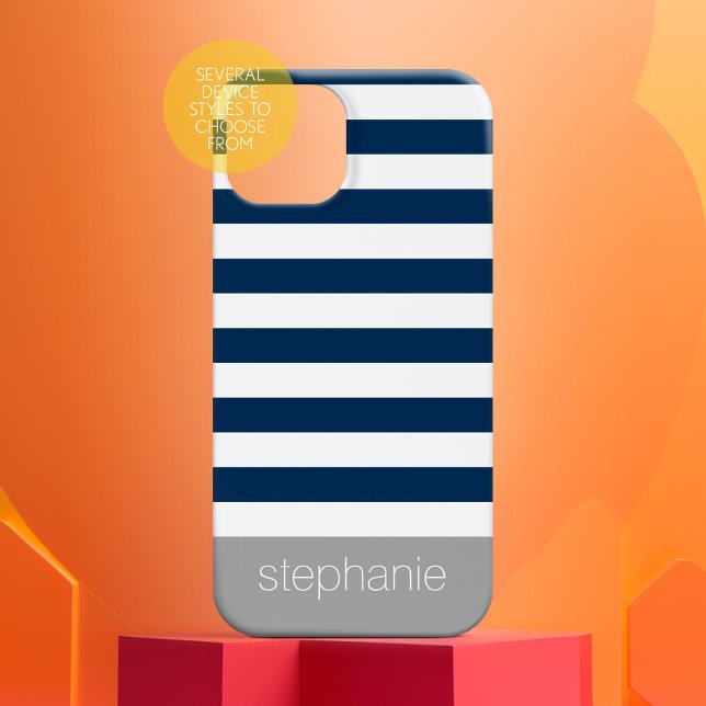 Navy Blue White Grey Striped Pattern Modern Name Case-Mate iPhone Case (Personalized Phone Case - Many Device Styles to Choose From)