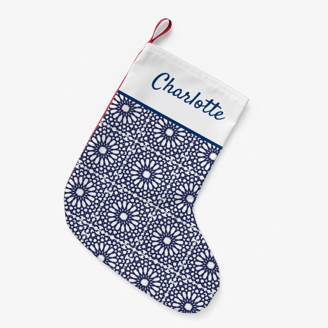 Navy Blue White Hamptons Lake House Moroccan Tile Small Christmas Stocking (Front (Hanging))