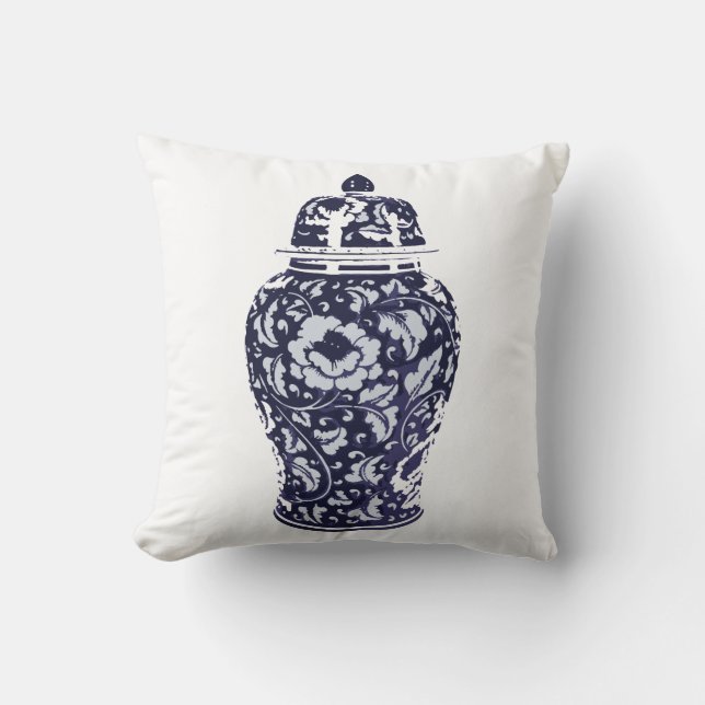 Navy Blue White Hamptons Montauk Ginger Jar Vase Cushion (Front)