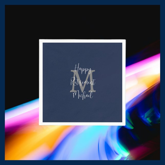 Navy Blue White Happy Retirement Name Monogram  Napkin (Creator Uploaded)