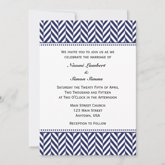 Navy Blue White Herringbone Wedding Invitation (Front)