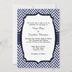 Navy Blue White Herringbone Wedding Invitation