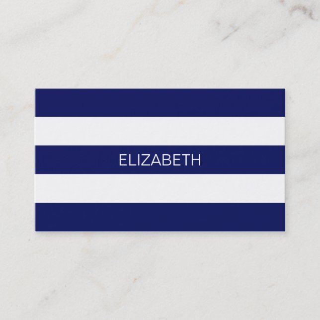 Navy Blue White Horiz Preppy Stripe #3 Monogram Business Card (Front)
