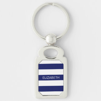 Navy Blue White Horiz Preppy Stripe #3 Monogram Key Ring