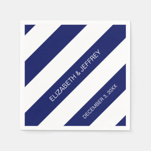 Navy Blue White Horiz Preppy Stripe #3 Monogram Napkin
